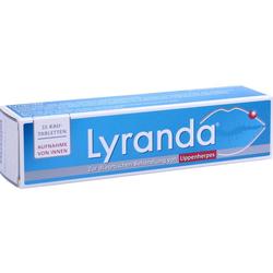 Blaue Verpackung von Lyranda Tabletten zur Behandlung von Lippenherpes.