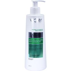 Eine weiße Flasche Anti-Schuppen-Shampoo mit grünem Etikett und Pumpspender.