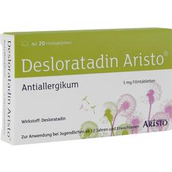 Verpackung von Desloratadin Aristo, einem Antiallergikum mit 20 Filmtabletten.