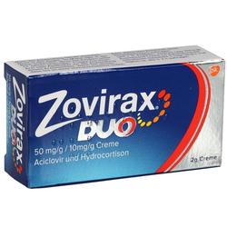 Eine blaue Zovirax Duo Creme-Packung mit rotem und gelbem Design.
