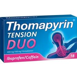 Eine Packung Thomapyrin Tension Duo Schmerztabletten mit 18 Filmtabletten.