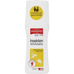 Weiße Flasche mit Insektenspray für Familien, gelbes Etikett, schützt vor Mücken und Zecken.